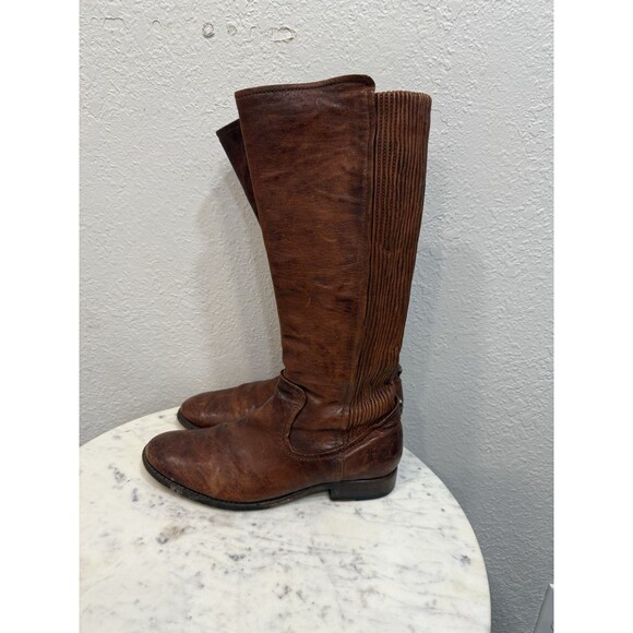 Frye Melissa Scrunch Brown Riding Boots Stretch Back Tall Pull On Leathers 7.5m - Picture 2 of 10